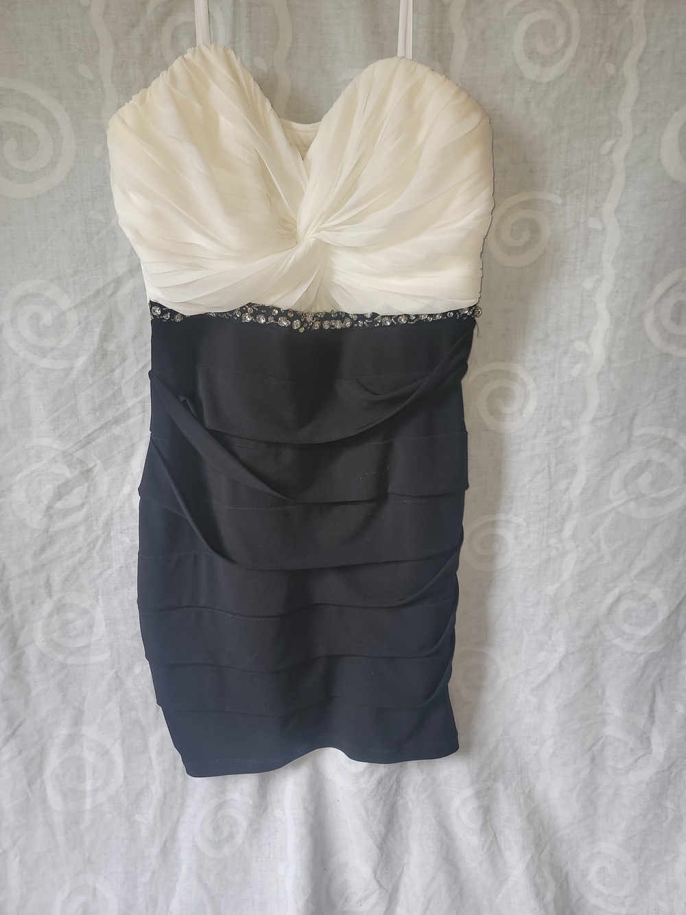 White and Black Strapless Pleated Bust Mini Dress